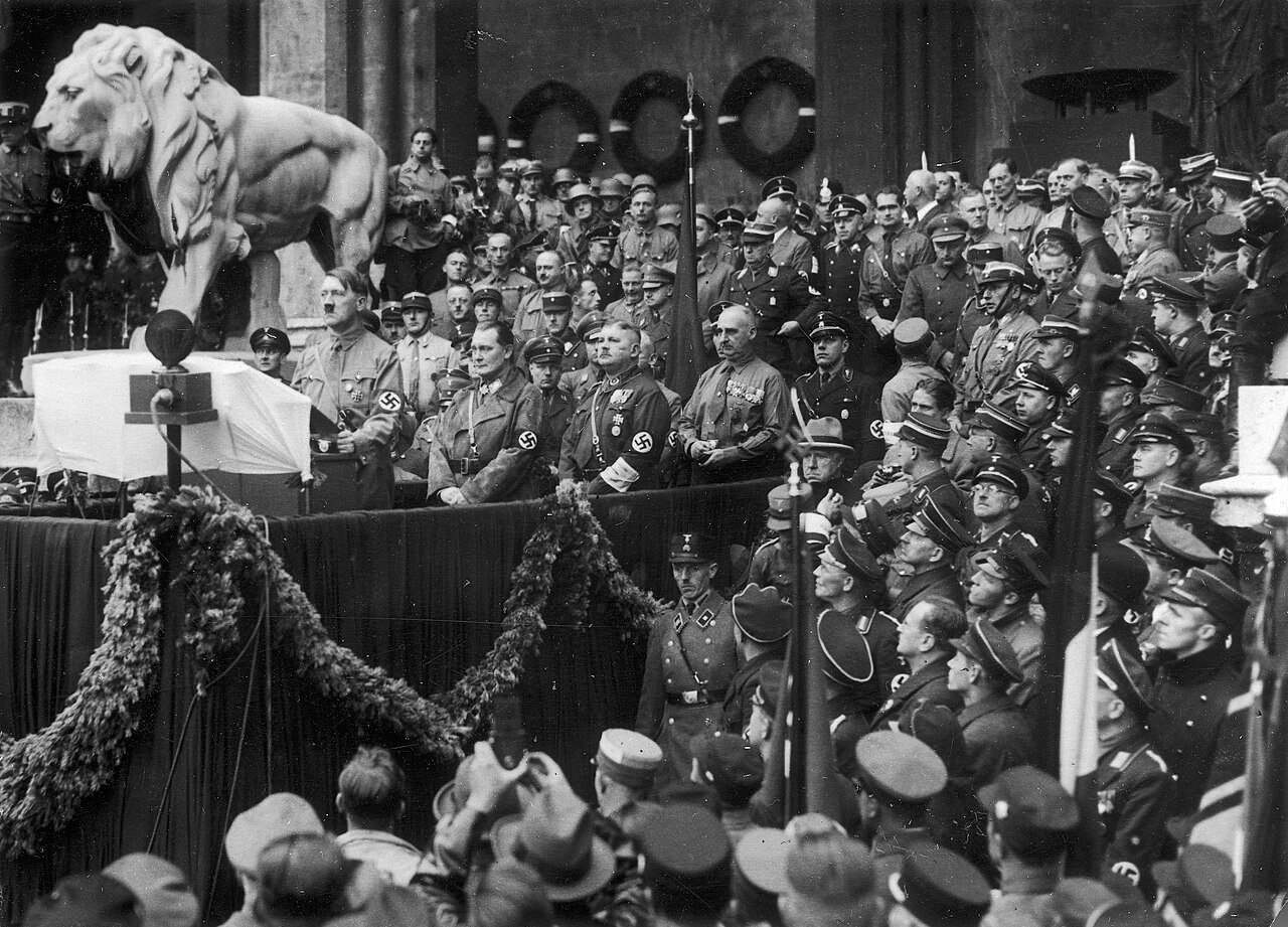 The 10th anniversary of the Beer Hall Putsch (Munich Putsch) in November 1933 - Hitler speaking at the Feldherrnhalle - Public Domain