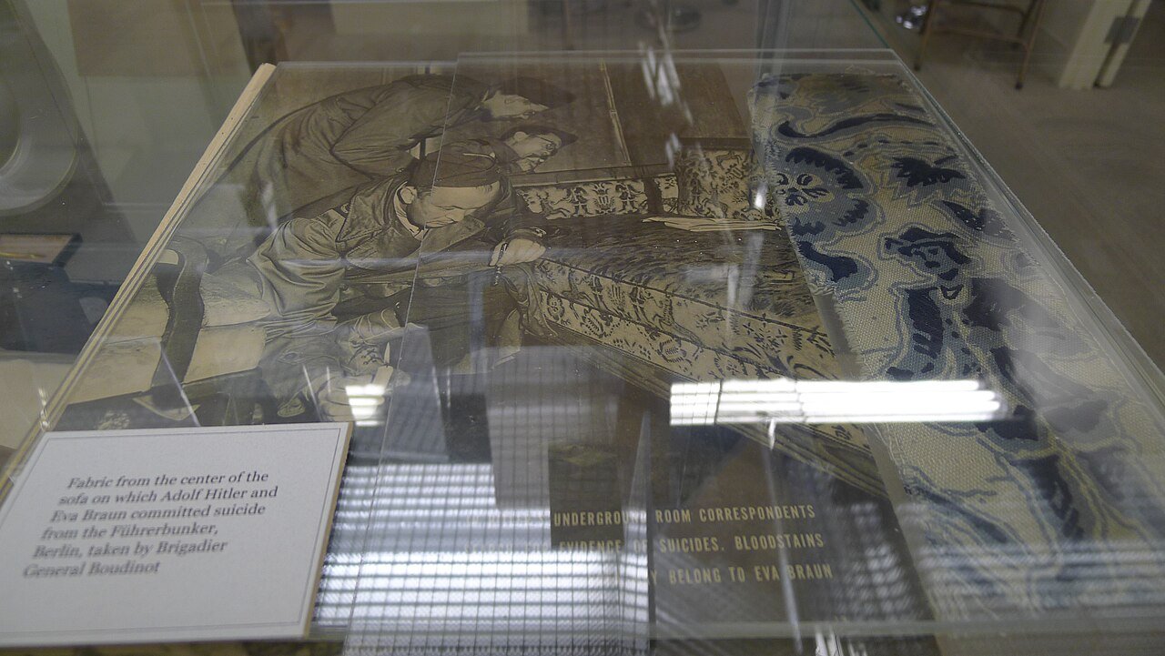 A piece of fabric from the same couch in Hitler's Führerbunker - on display at the the former International Museum of World War II in Natick, Massachusetts - Lee Wright