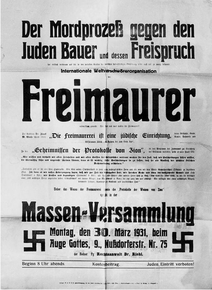 Austrian Nazi Party propaganda pamphlet promoting an event to "cover the nature of Freemasonry and the Protocols of Zion" (1931) - Public Domain
