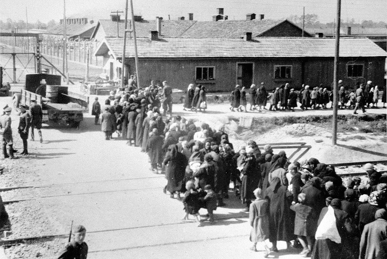 A group of Hungarian Jews from the Tet Ghetto walking towards the gas chambers and crematoria 2 and 3 at Auschwitz-Birkenau (May 27th 1944) - Public Domain