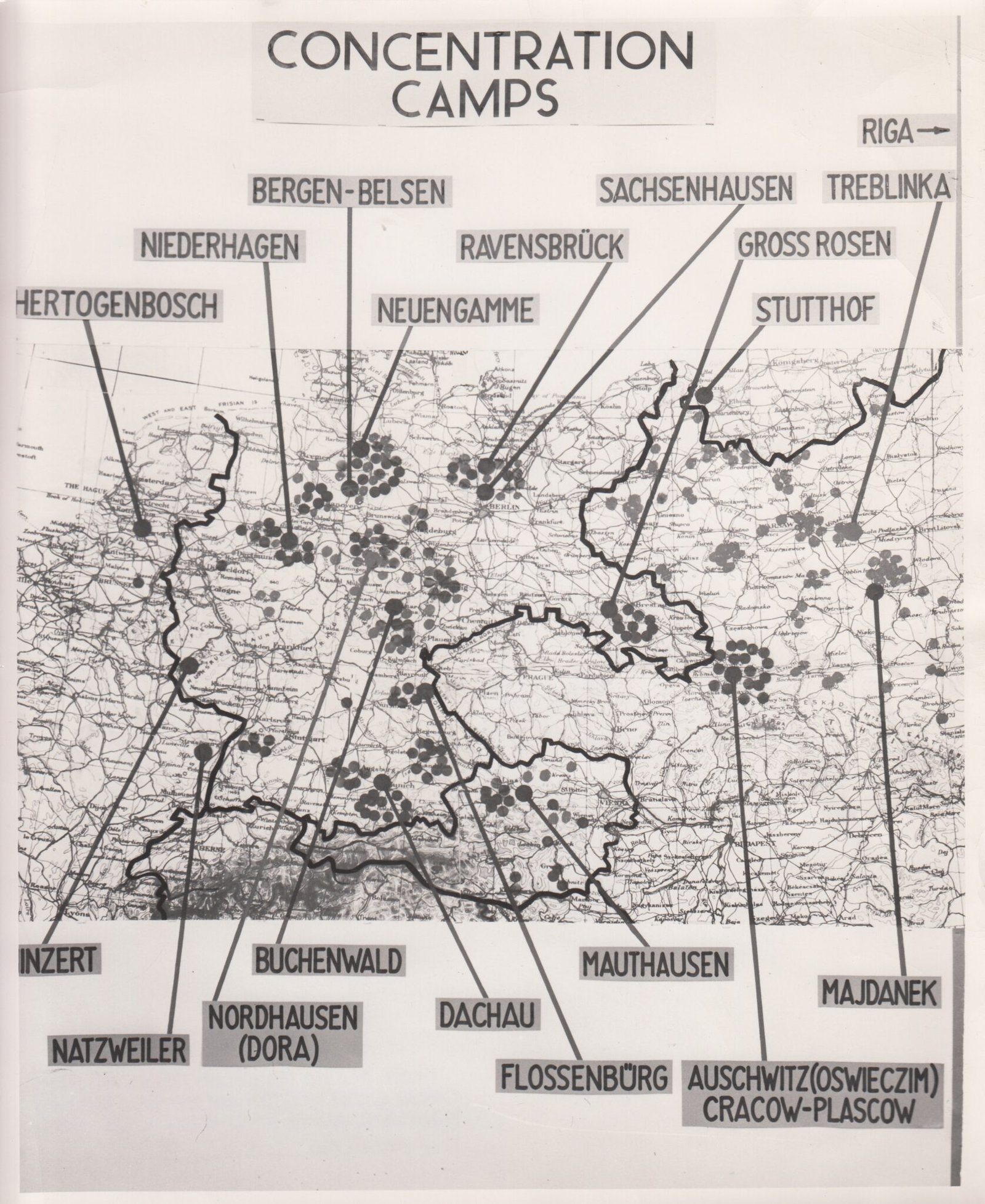 A map of Nazi concentration camps exhibited at Pohl Trial, 8 April 1947-3 November 1947 - Public Domain