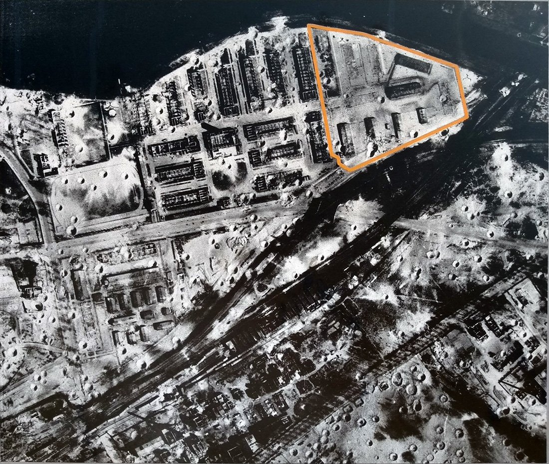 A closeup view of the Auerwerke from an Allied aerial photo taken in 1945 - Public Domain