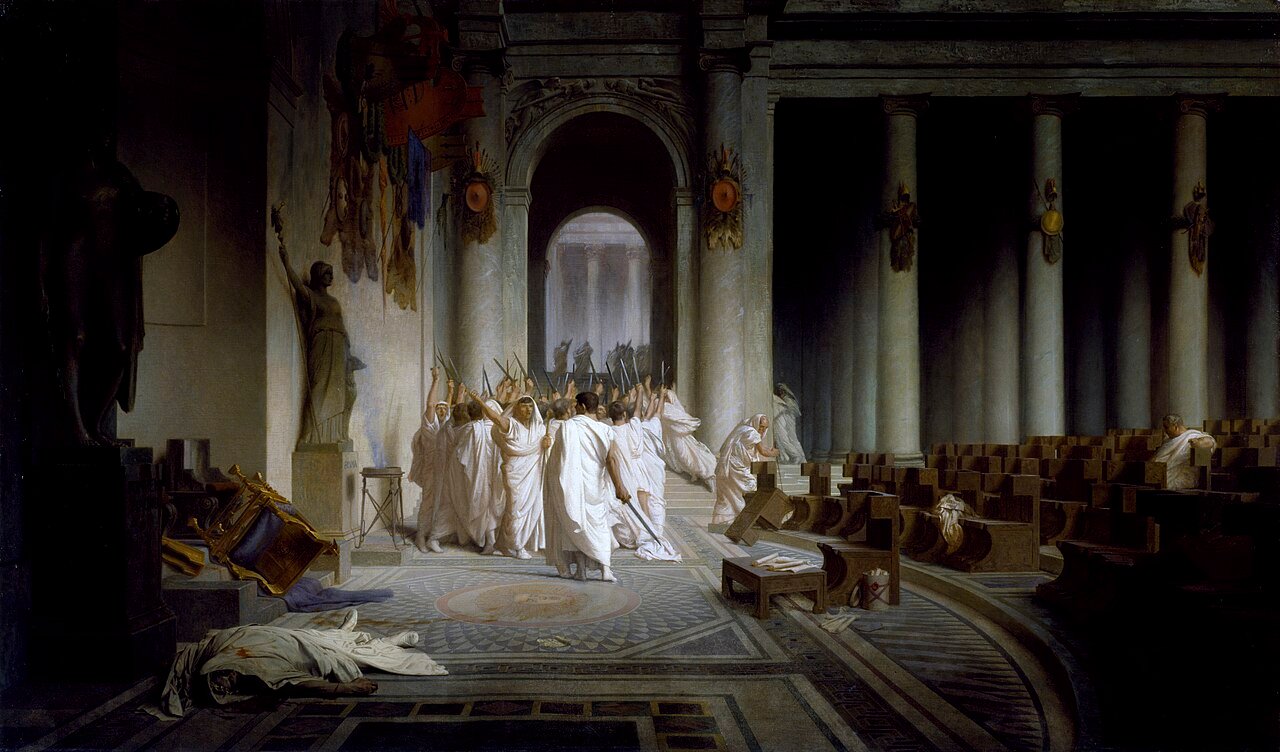 Was the Death of Caesar (1867) by Jean-Léon Gérôme also inspired by The Oath, with the arms of the tyrannicides, thrown upwards weapons clasped? - Public Domain