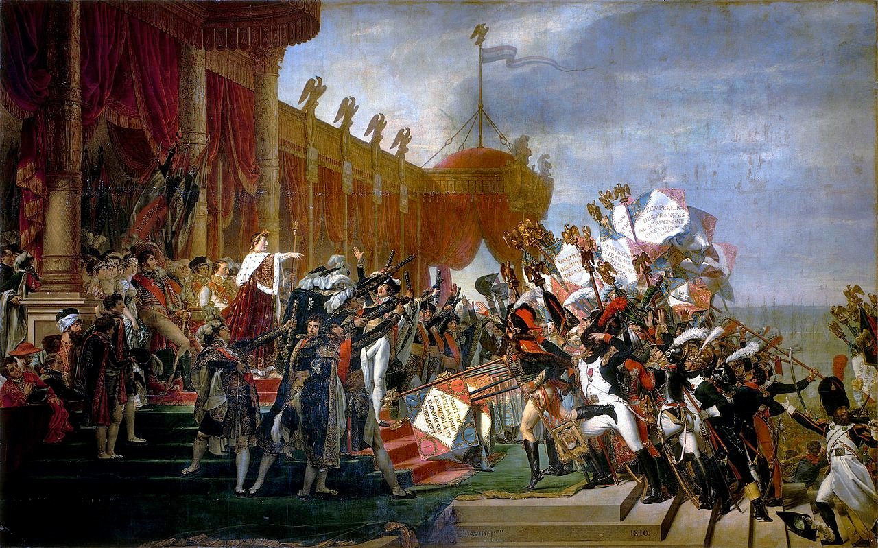 Jacques-Louis David's work 'The Army takes an Oath to the Emperor after the Distribution of Eagles' (1810) continues the theme of the raised right hand - Public Domain
