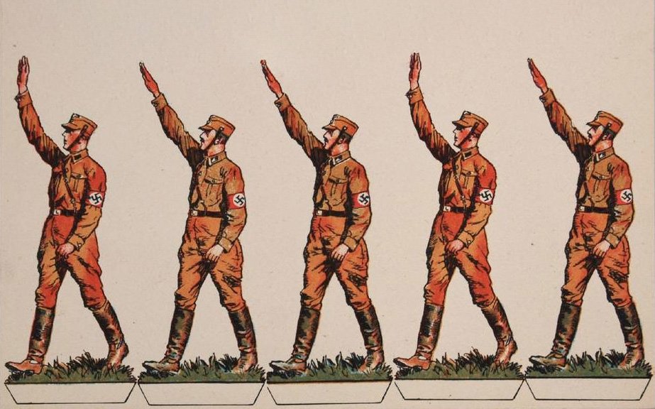 Nazi propaganda cut-out toys for children showing uniformed 'brownshirts' performing the Nazi salute (1934) - Creative Commons Attribution-Share Alike 4.0 International