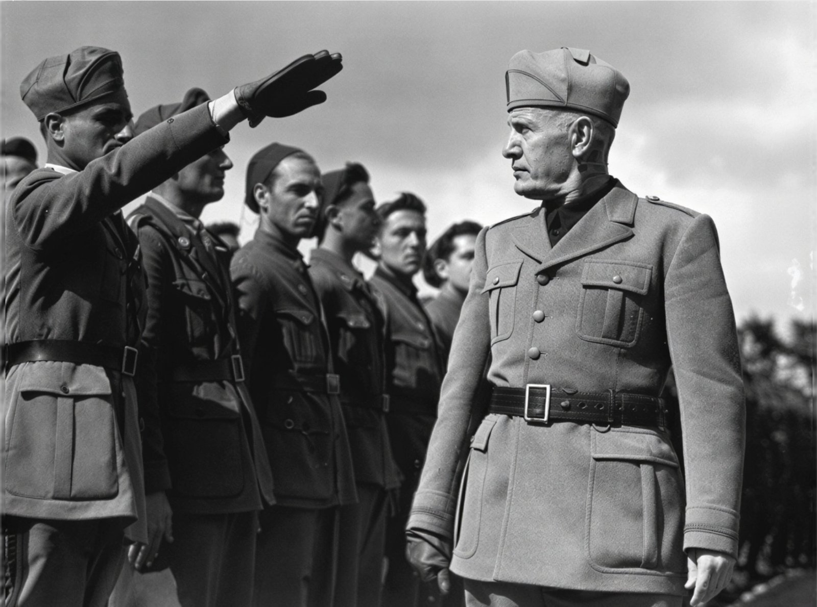 Benito Mussolini receives the 'Roman Salute' from Italian troops in Ethiopia (1940) - Public Domain