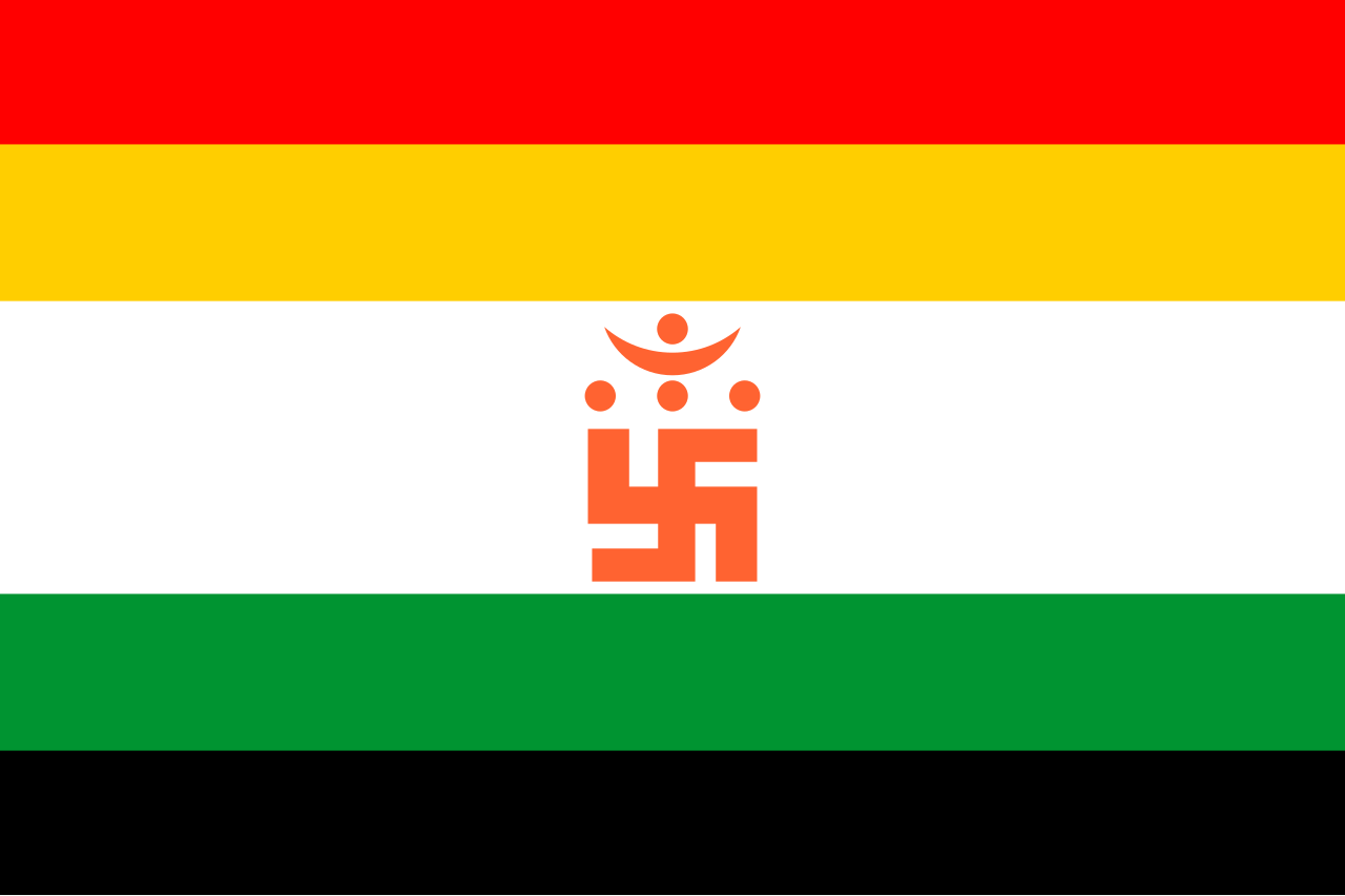 The official Jain flag with swastika; its four hands representing the four possible reincarnations of soul including heaven, hell, human, and plant or animal - Public Domain