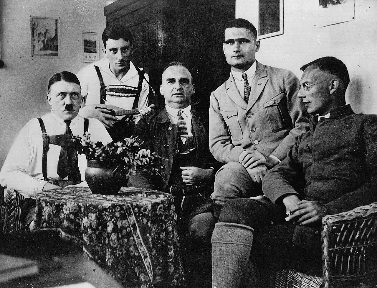 The participants of participants in the 1923 Beer Hall Putsch held in Landsberg Prison in 1924: Adolf Hitler, Emil Maurice, Hermann Kriebel, Rudolf Hess, and Friedrich Weber - Public Domain