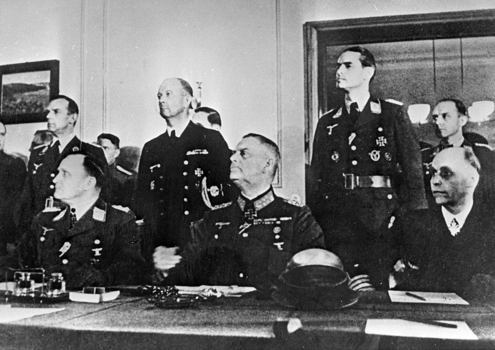 The three German representatives (Stumpff, Keitel, and von Friedeburg) at the surrender in Berlin on May 8th 1945 - Public Domain