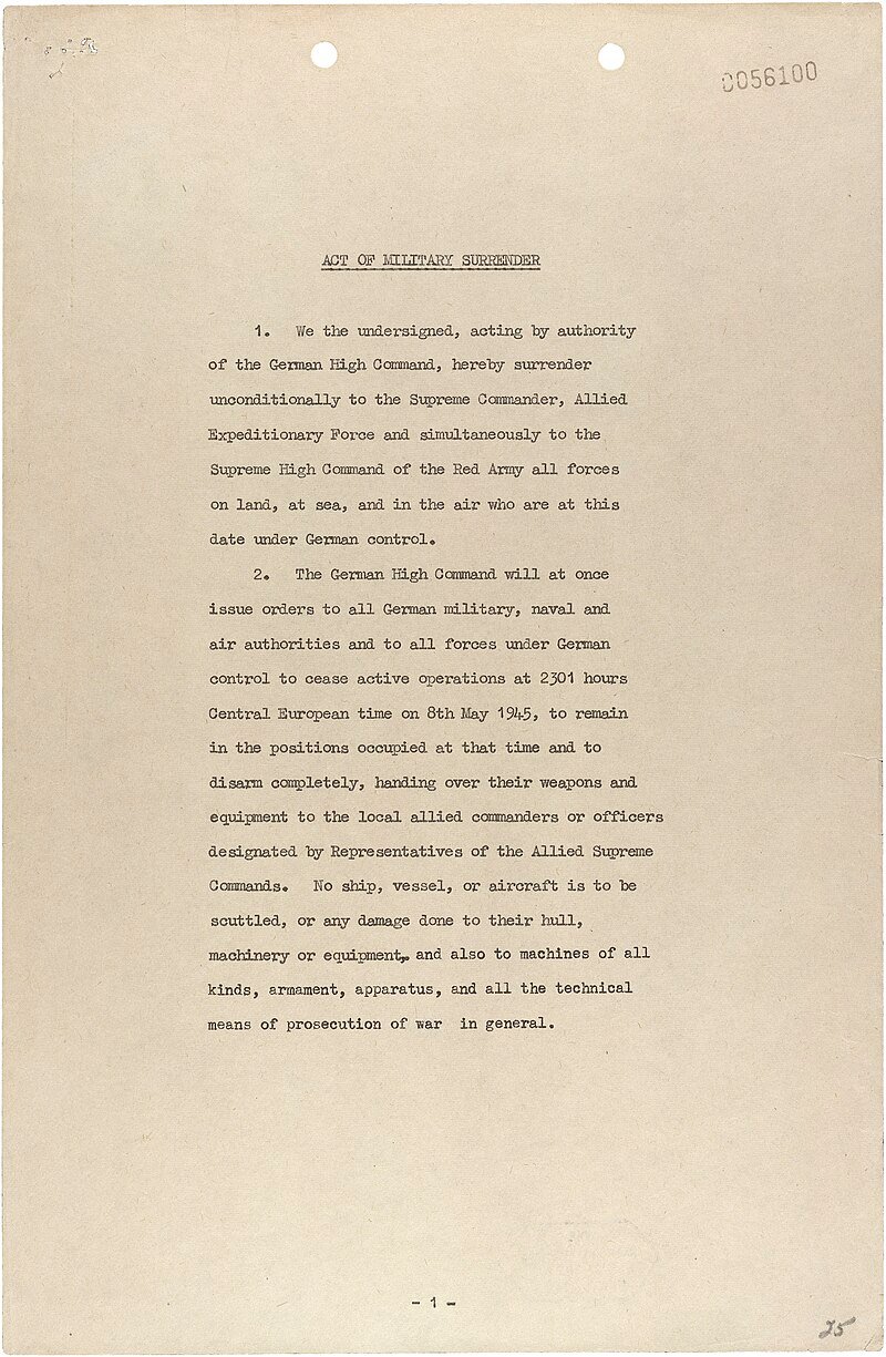 The first page of the 'German Instrument of Surrender' signed in Berlin on May 8th 1945 - Public Domain