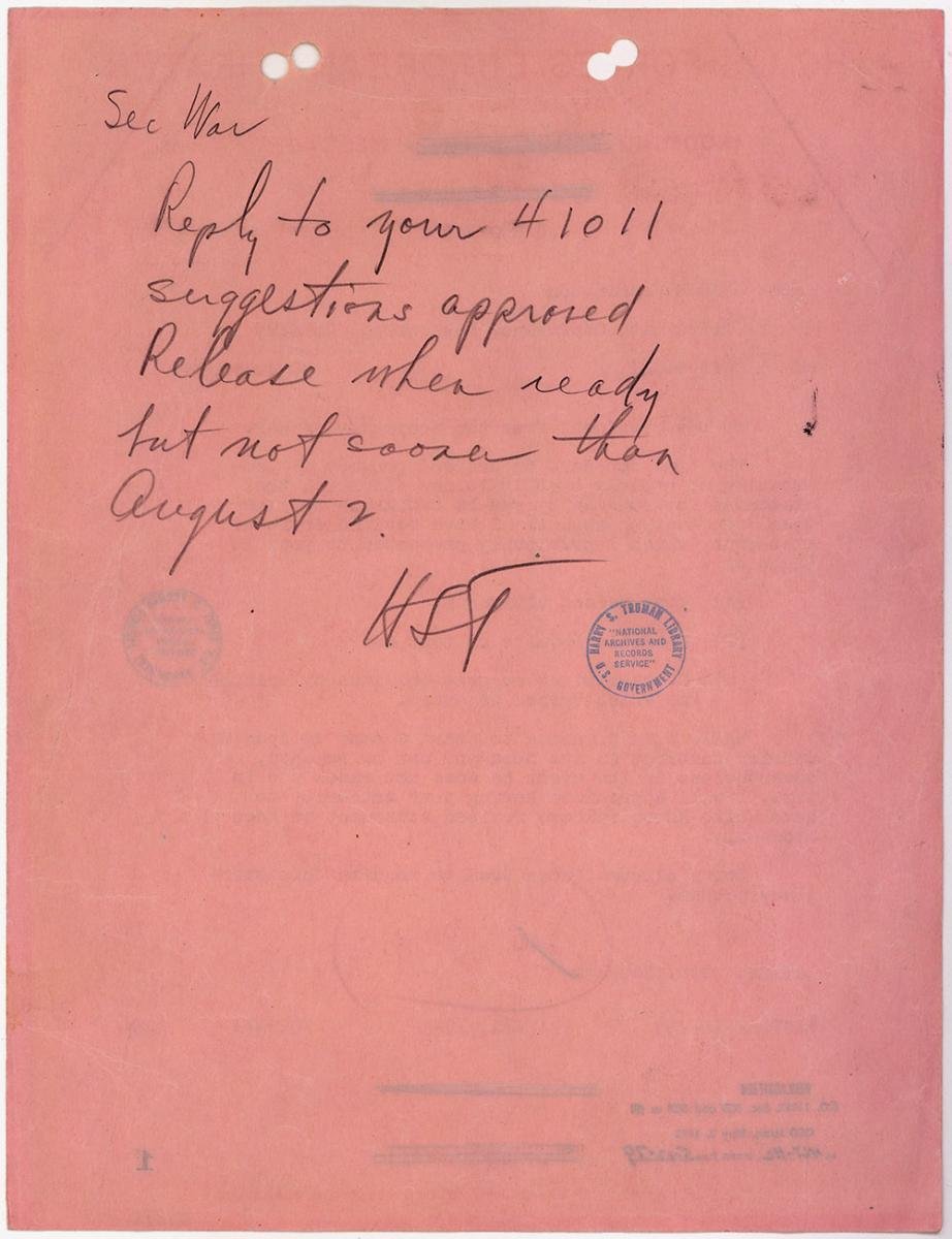 Harry Truman's handwritten note authorising the release of the world's first atomic bomb - "Sec. War Reply to your 41011 [the number of the telegram] suggestions approved Release when ready but not sooner than August 2" - Public Domain