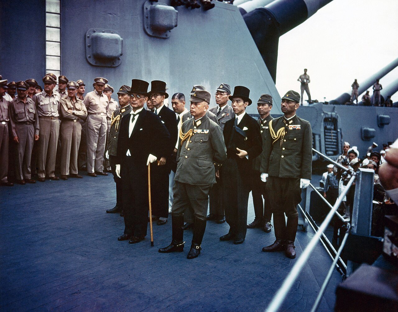 Representatives of the Empire of Japan on board USS Missouri for the Surrender of Japan, Tokyo Bay, (September 2nd 1945) - Public Domain